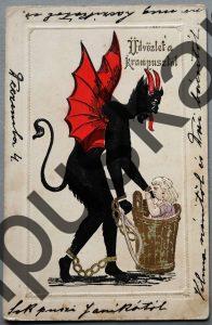 Krampus Teufel Devil Ansichtskarte Grußkarte Krampuskarte Austria 哈施塔特 picture postcard 魔鬼 奥地利 Nikolaus Satan Percht Perchtenlauf Brauchtum Knabe Bub Junge Boy Nikolo Knech Ruprecht Mädchen Rute Kinder Kind