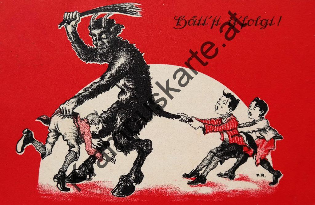 Krampus Teufel Devil Ansichtskarte Grußkarte Krampuskarte Austria 哈施塔特 picture postcard 魔鬼 奥地利 Nikolaus Satan Percht Perchtenlauf Brauchtum Knabe Mädchen Rute Kinder
