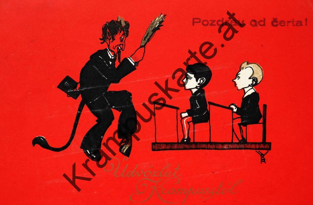 Krampus Teufel Devil Ansichtskarte Grußkarte Krampuskarte Austria 哈施塔特 picture postcard 魔鬼 奥地利 Nikolaus Satan Percht Perchtenlauf Brauchtum Knabe Mädchen Rute Kinder