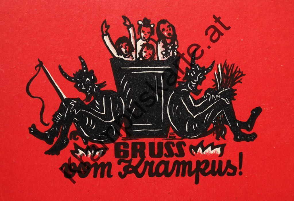 Krampus Teufel Devil Ansichtskarte Grußkarte Krampuskarte Austria 哈施塔特 picture postcard 魔鬼 奥地利 Nikolaus Satan Percht Perchtenlauf Brauchtum Knabe Mädchen Rute Kinder