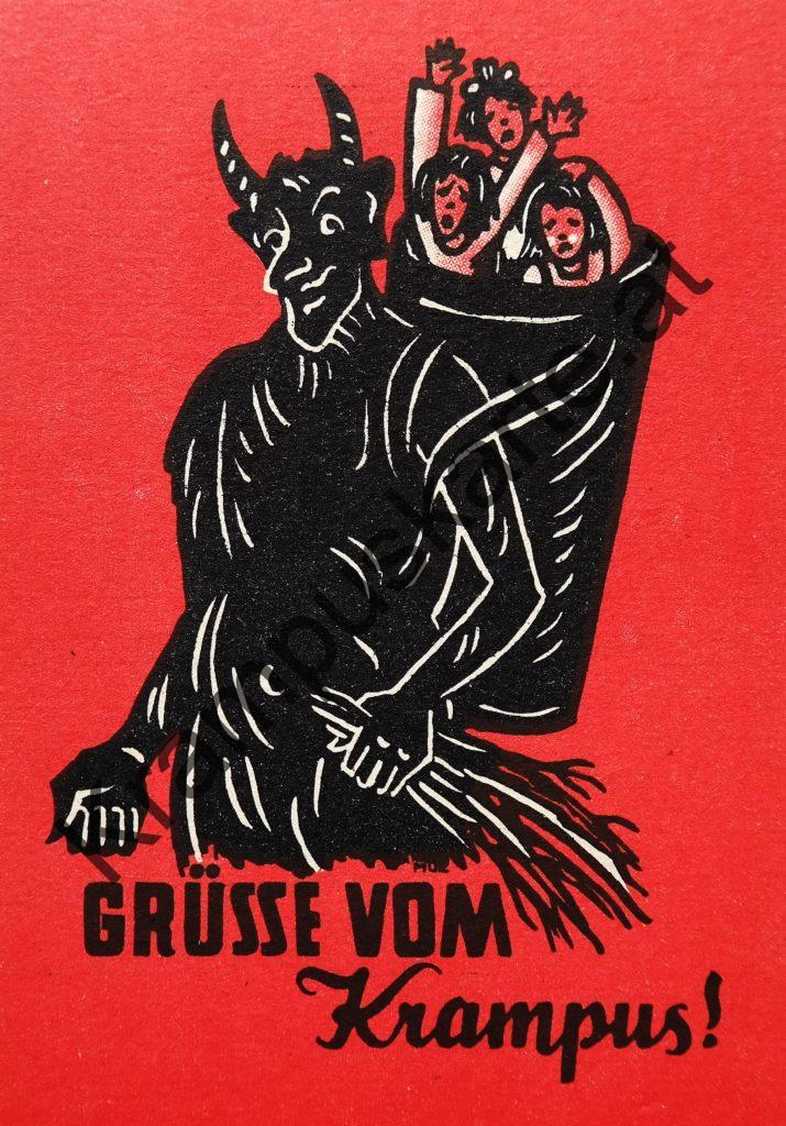 Krampus Teufel Devil Ansichtskarte Grußkarte Krampuskarte Austria 哈施塔特 picture postcard 魔鬼 奥地利 Nikolaus Satan Percht Perchtenlauf Brauchtum Knabe Mädchen Rute Kinder