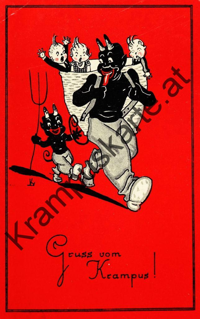 Krampus Teufel Devil Ansichtskarte Grußkarte Krampuskarte Austria 哈施塔特 picture postcard 魔鬼 奥地利 Nikolaus Satan Percht Perchtenlauf Brauchtum Knabe Mädchen Rute Kinder