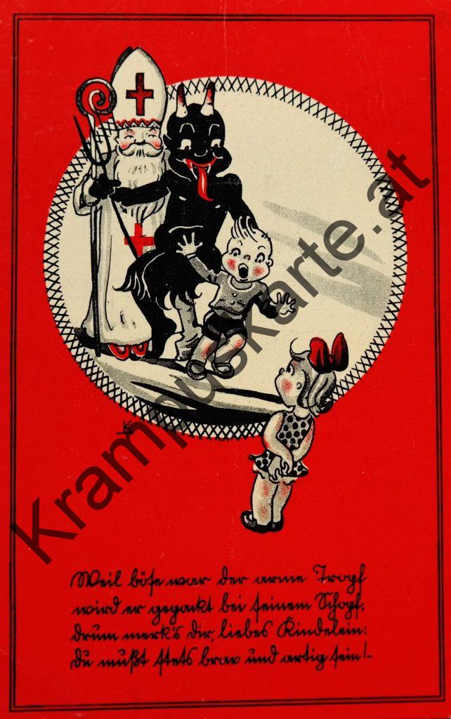 Krampus Teufel Devil Ansichtskarte Grußkarte Krampuskarte Austria 哈施塔特 picture postcard 魔鬼 奥地利 Nikolaus Satan Percht Perchtenlauf Brauchtum Knabe Mädchen Rute Kinder