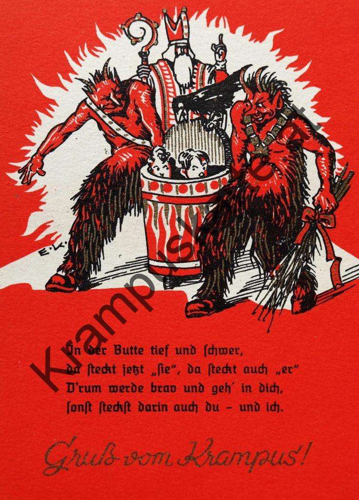 Krampus Teufel Devil Ansichtskarte Grußkarte Krampuskarte Austria 哈施塔特 picture postcard 魔鬼 奥地利 Nikolaus Satan Percht Perchtenlauf Brauchtum Knabe Mädchen Rute Kinder