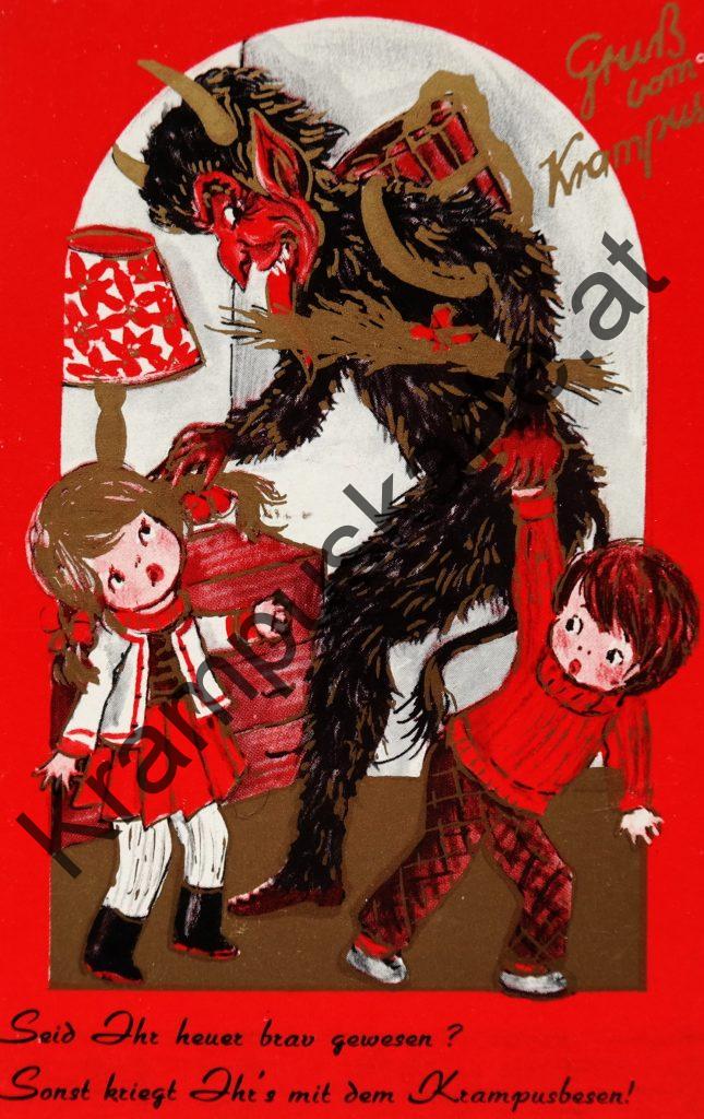 Krampus Teufel Devil Ansichtskarte Grußkarte Krampuskarte Austria 哈施塔特 picture postcard 魔鬼 奥地利 Nikolaus Satan Percht Perchtenlauf Brauchtum Knabe Mädchen Rute Kinder