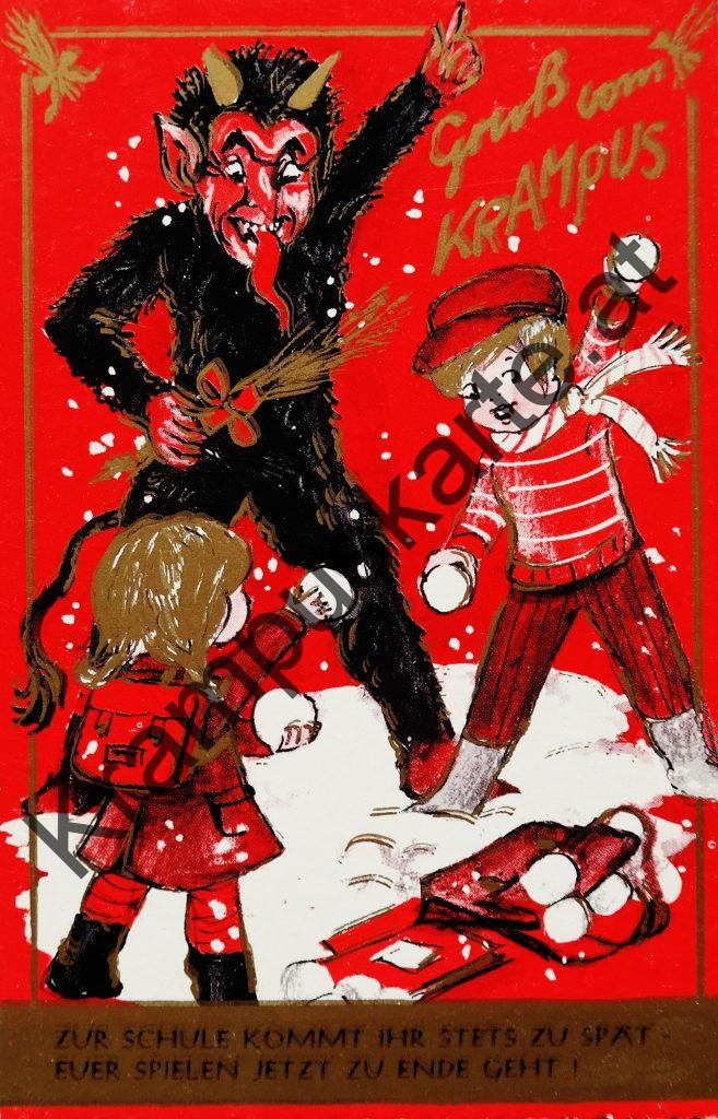 Krampus Teufel Devil Ansichtskarte Grußkarte Krampuskarte Austria 哈施塔特 picture postcard 魔鬼 奥地利 Nikolaus Satan Percht Perchtenlauf Brauchtum Knabe Mädchen Rute Kinder