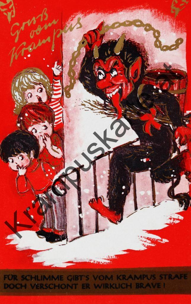 Krampus Teufel Devil Ansichtskarte Grußkarte Krampuskarte Austria 哈施塔特 picture postcard 魔鬼 奥地利 Nikolaus Satan Percht Perchtenlauf Brauchtum Knabe Mädchen Rute Kinder