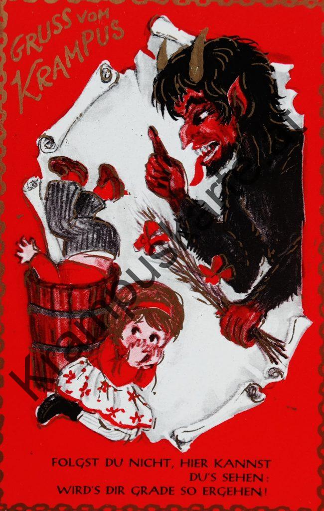 Krampus Teufel Devil Ansichtskarte Grußkarte Krampuskarte Austria 哈施塔特 picture postcard 魔鬼 奥地利 Nikolaus Satan Percht Perchtenlauf Brauchtum Knabe Mädchen Rute Kinder