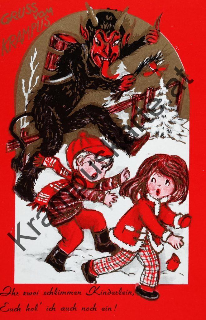 Krampus Teufel Devil Ansichtskarte Grußkarte Krampuskarte Austria 哈施塔特 picture postcard 魔鬼 奥地利 Nikolaus Satan Percht Perchtenlauf Brauchtum Knabe Mädchen Rute Kinder