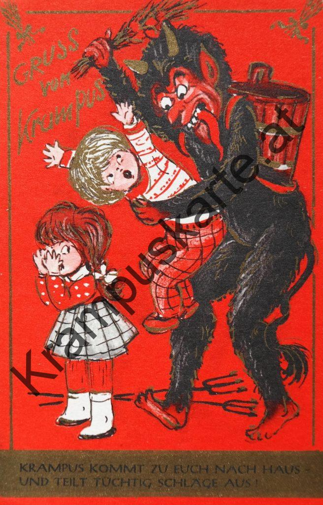 Krampus Teufel Devil Ansichtskarte Grußkarte Krampuskarte Austria 哈施塔特 picture postcard 魔鬼 奥地利 Nikolaus Satan Percht Perchtenlauf Brauchtum Knabe Mädchen Rute Kinder
