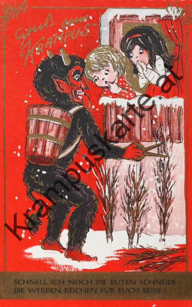 Krampus Teufel Devil Ansichtskarte Grußkarte Krampuskarte Austria 哈施塔特 picture postcard 魔鬼 奥地利 Nikolaus Satan Percht Perchtenlauf Brauchtum Knabe Mädchen Rute Kinder