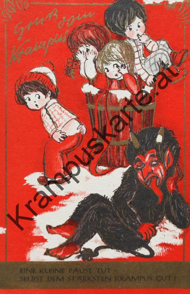 Krampus Teufel Devil Ansichtskarte Grußkarte Krampuskarte Austria 哈施塔特 picture postcard 魔鬼 奥地利 Nikolaus Satan Percht Perchtenlauf Brauchtum Knabe Mädchen Rute Kinder