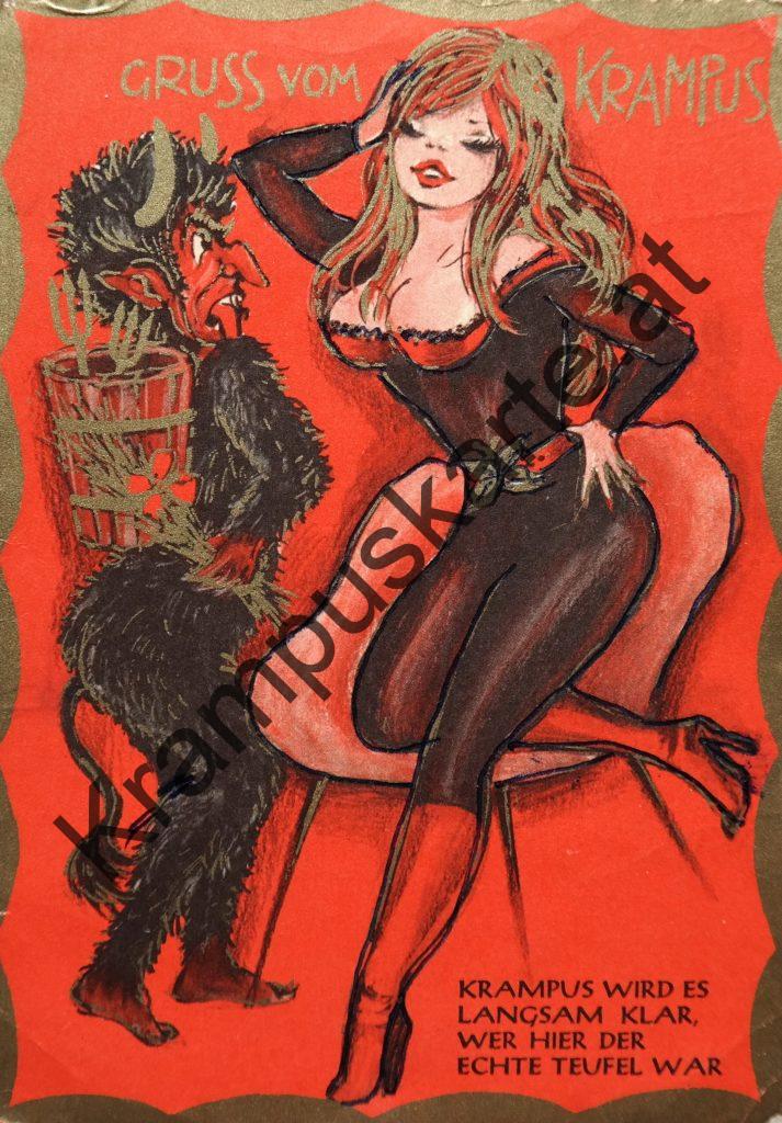 Krampus Teufel Devil Ansichtskarte Grußkarte Krampuskarte Austria 哈施塔特 picture postcard 魔鬼 奥地利 Nikolaus Satan Percht Perchtenlauf Brauchtum böse Mädchen unartig crazy girl