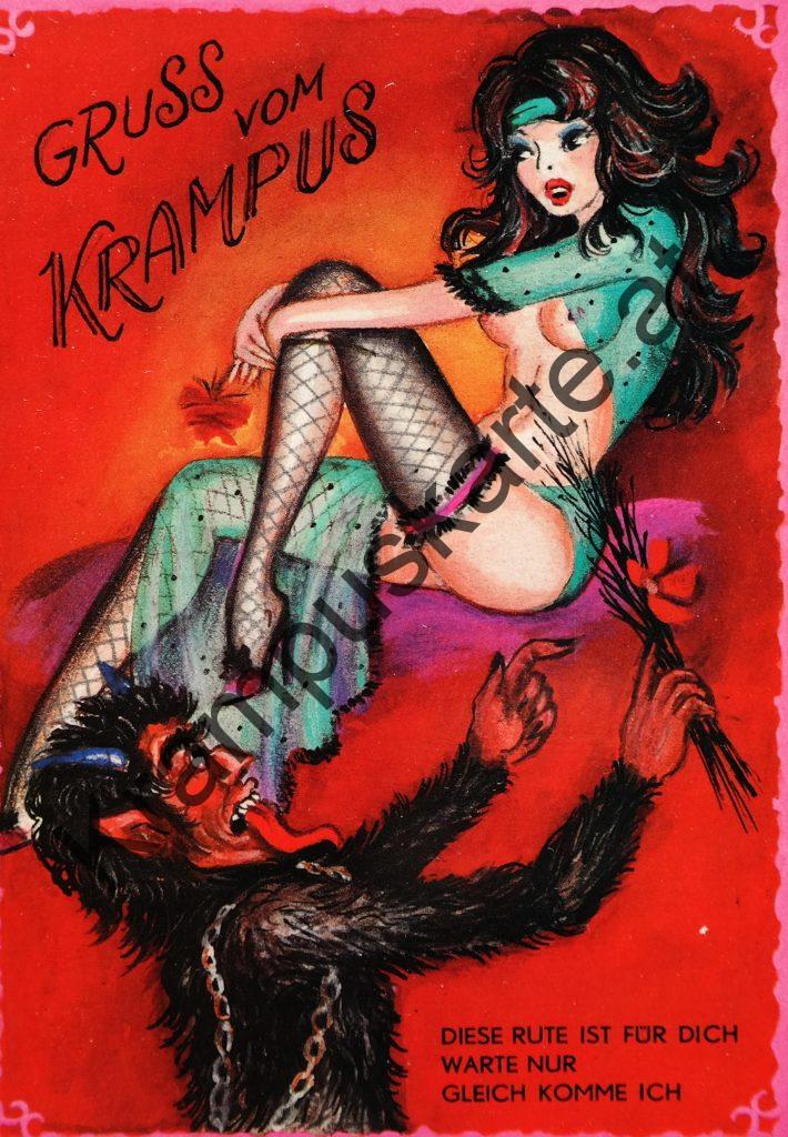 Krampus Teufel Devil Ansichtskarte Grußkarte Krampuskarte Austria 哈施塔特 picture postcard 魔鬼 奥地利 Nikolaus Satan Percht Perchtenlauf Brauchtum böse Mädchen unartig crazy girl