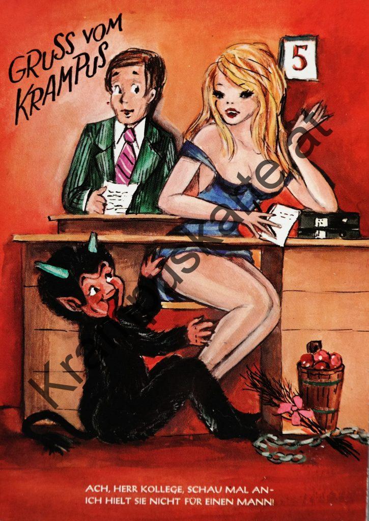 Krampus Teufel Devil Ansichtskarte Grußkarte Krampuskarte Austria 哈施塔特 picture postcard 魔鬼 奥地利 Nikolaus Satan Percht Perchtenlauf Brauchtum böse Mädchen unartig crazy girl