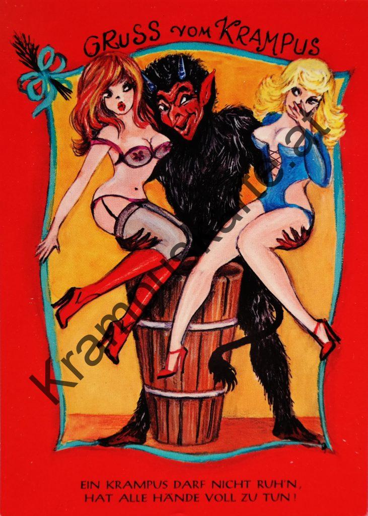 Krampus Teufel Devil Ansichtskarte Grußkarte Krampuskarte Austria 哈施塔特 picture postcard 魔鬼 奥地利 Nikolaus Satan Percht Perchtenlauf Brauchtum böse Mädchen unartig crazy girl