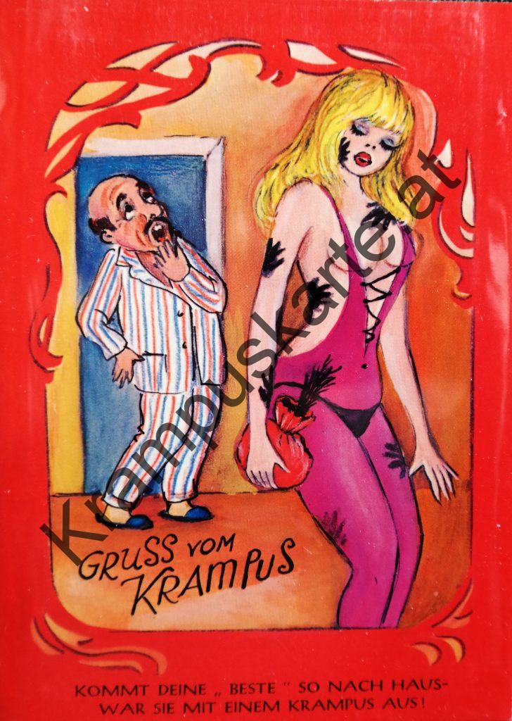 Krampus Teufel Devil Ansichtskarte Grußkarte Krampuskarte Austria 哈施塔特 picture postcard 魔鬼 奥地利 Nikolaus Satan Percht Perchtenlauf Brauchtum böse Mädchen unartig crazy girl