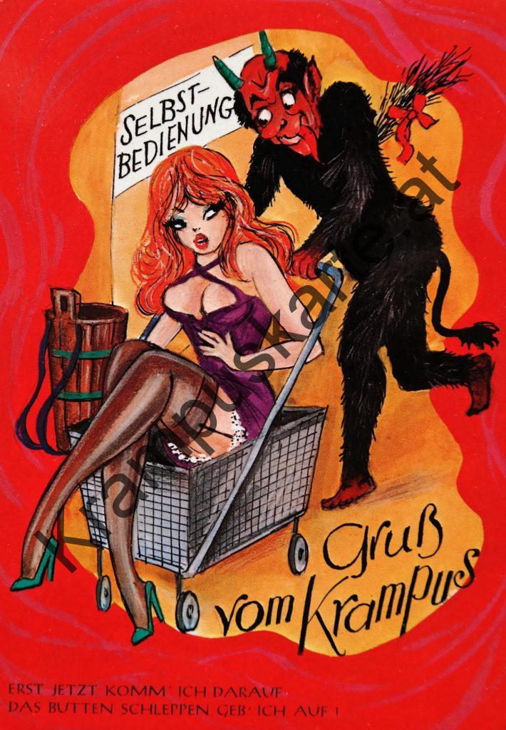Krampus Teufel Devil Ansichtskarte Grußkarte Krampuskarte Austria 哈施塔特 picture postcard 魔鬼 奥地利 Nikolaus Satan Percht Perchtenlauf Brauchtum böse Mädchen unartig crazy girl