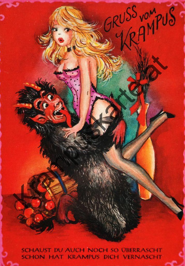 Krampus Teufel Devil Ansichtskarte Grußkarte Krampuskarte Austria 哈施塔特 picture postcard 魔鬼 奥地利 Nikolaus Satan Percht Perchtenlauf Brauchtum böse Mädchen unartig crazy girl