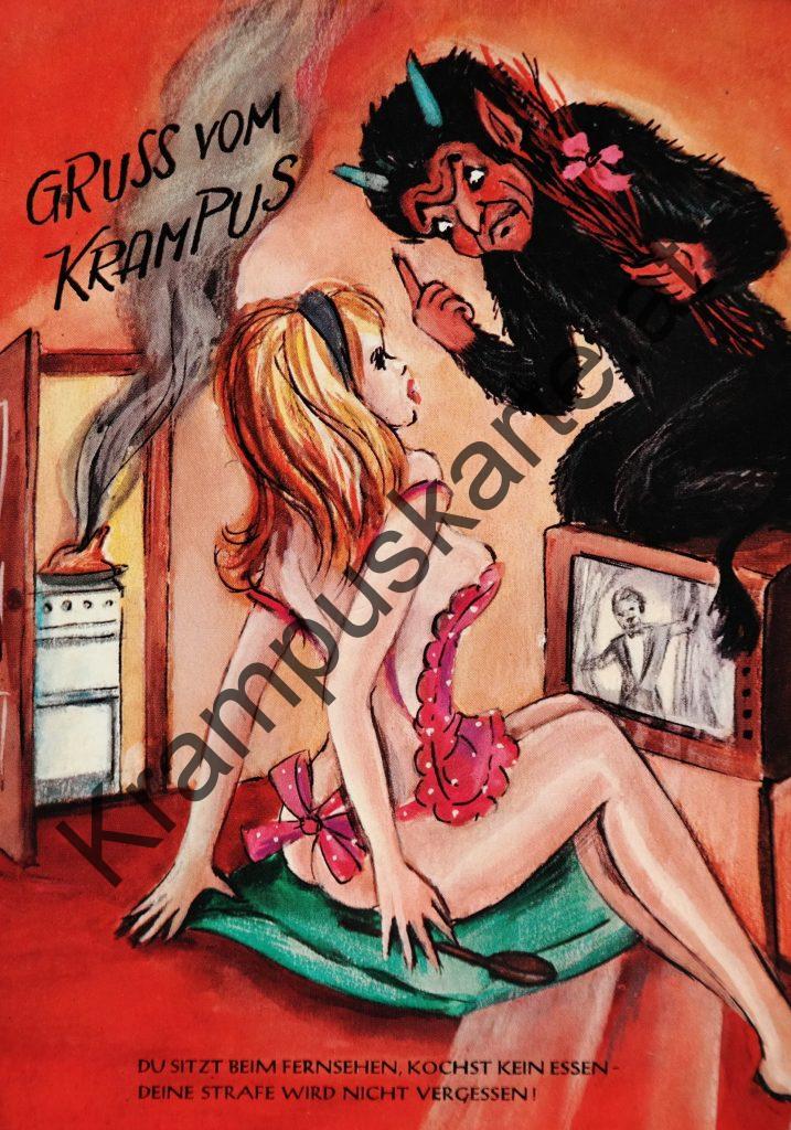 Krampus Teufel Devil Ansichtskarte Grußkarte Krampuskarte Austria 哈施塔特 picture postcard 魔鬼 奥地利 Nikolaus Satan Percht Perchtenlauf Brauchtum böse Mädchen unartig crazy girl