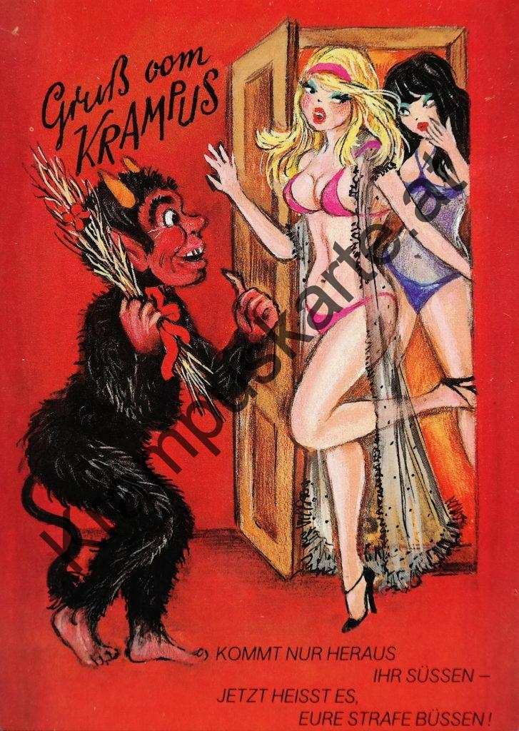 Krampus Teufel Devil Ansichtskarte Grußkarte Krampuskarte Austria 哈施塔特 picture postcard 魔鬼 奥地利 Nikolaus Satan Percht Perchtenlauf Brauchtum böse Mädchen unartig crazy girl