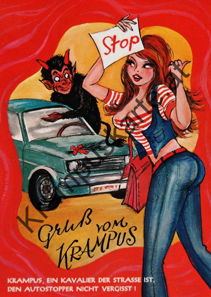 Krampus Teufel Devil Ansichtskarte Grußkarte Krampuskarte Austria 哈施塔特 picture postcard 魔鬼 奥地利 Nikolaus Satan Percht Perchtenlauf Brauchtum böse Mädchen unartig crazy girl