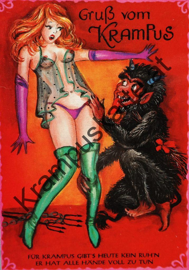 Krampus Teufel Devil Ansichtskarte Grußkarte Krampuskarte Austria 哈施塔特 picture postcard 魔鬼 奥地利 Nikolaus Satan Percht Perchtenlauf Brauchtum böse Mädchen unartig crazy girl