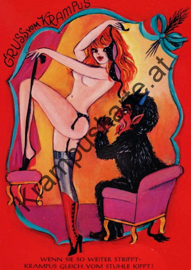 Krampus Teufel Devil Ansichtskarte Grußkarte Krampuskarte Austria 哈施塔特 picture postcard 魔鬼 奥地利 Nikolaus Satan Percht Perchtenlauf Brauchtum böse Mädchen unartig crazy girl