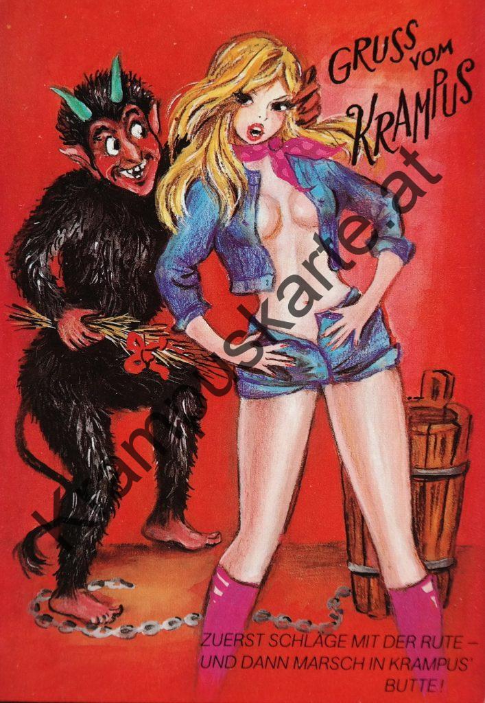 Krampus Teufel Devil Ansichtskarte Grußkarte Krampuskarte Austria 哈施塔特 picture postcard 魔鬼 奥地利 Nikolaus Satan Percht Perchtenlauf Brauchtum böse Mädchen unartig crazy girl