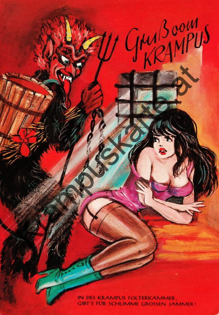 Krampus Teufel Devil Ansichtskarte Grußkarte Krampuskarte Austria 哈施塔特 picture postcard 魔鬼 奥地利 Nikolaus Satan Percht Perchtenlauf Brauchtum böse Mädchen unartig crazy girl