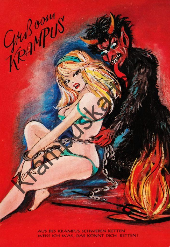 Krampus Teufel Devil Ansichtskarte Grußkarte Krampuskarte Austria 哈施塔特 picture postcard 魔鬼 奥地利 Nikolaus Satan Percht Perchtenlauf Brauchtum böse Mädchen unartig crazy girl
