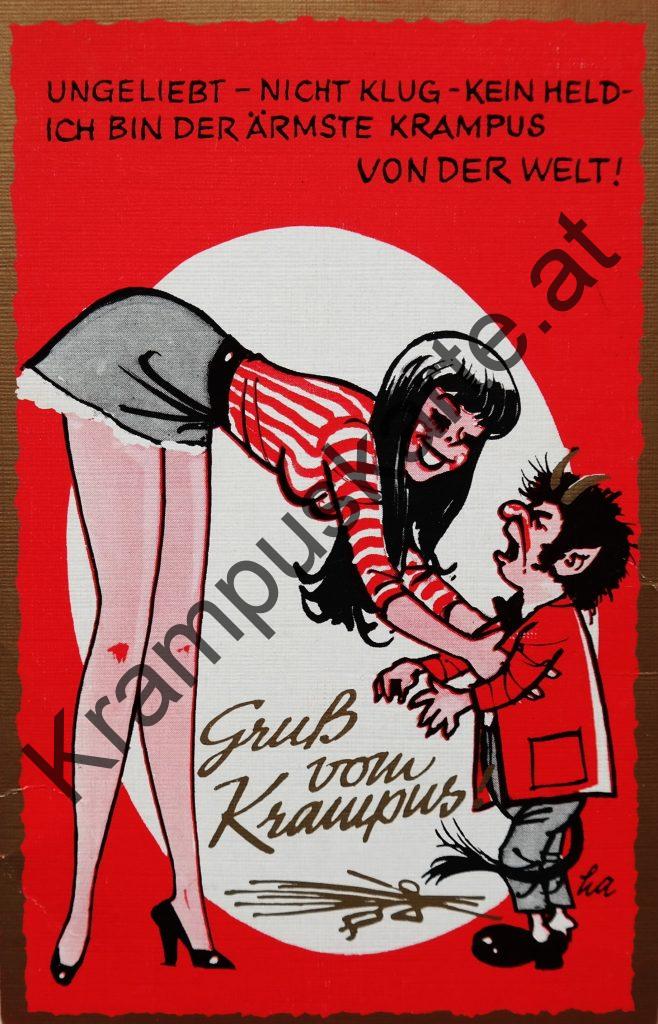 Krampus Teufel Devil Ansichtskarte Grußkarte Krampuskarte Austria 哈施塔特 picture postcard 魔鬼 奥地利 Nikolaus Satan Percht Perchtenlauf Brauchtum böse Mädchen unartig crazy girl
