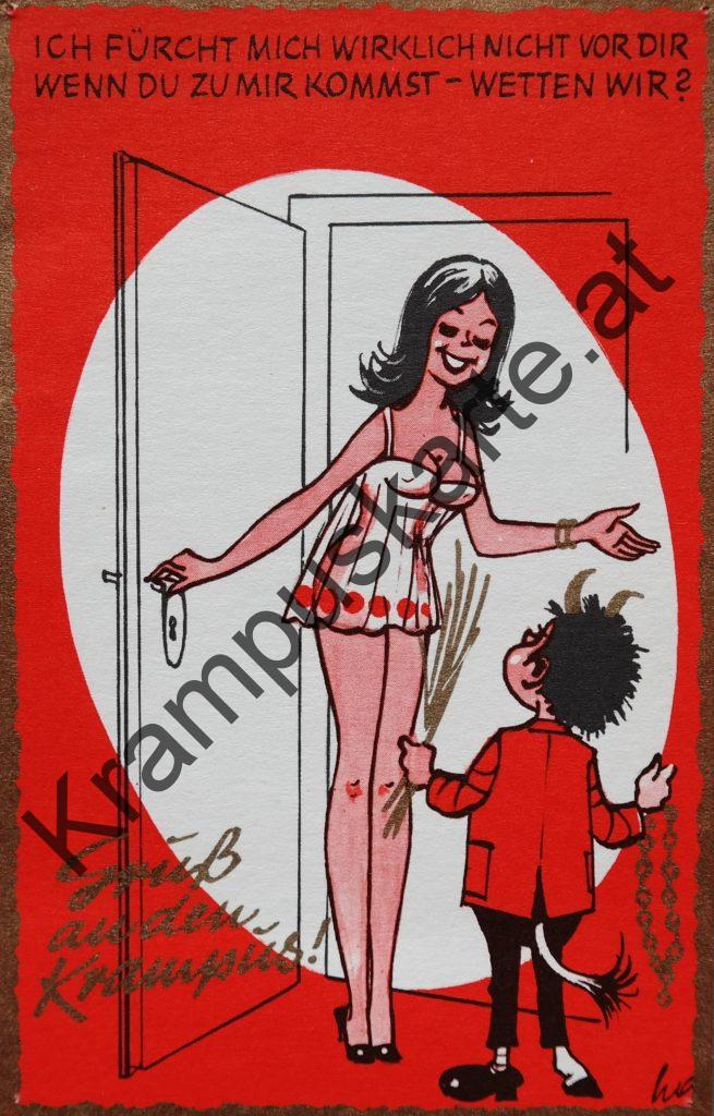 Krampus Teufel Devil Ansichtskarte Grußkarte Krampuskarte Austria 哈施塔特 picture postcard 魔鬼 奥地利 Nikolaus Satan Percht Perchtenlauf Brauchtum böse Mädchen unartig crazy girl