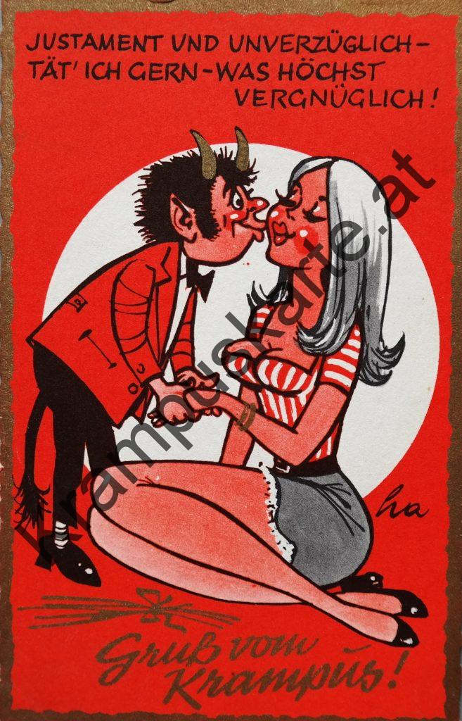 Krampus Teufel Devil Ansichtskarte Grußkarte Krampuskarte Austria 哈施塔特 picture postcard 魔鬼 奥地利 Nikolaus Satan Percht Perchtenlauf Brauchtum böse Mädchen unartig crazy girl