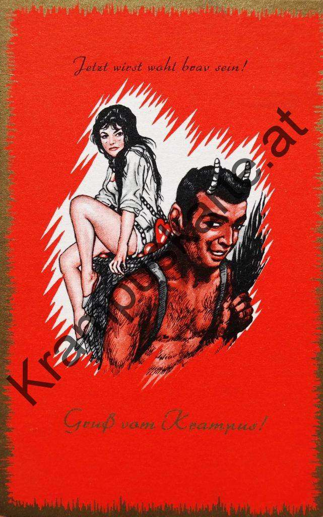 Krampus Teufel Devil Ansichtskarte Grußkarte Krampuskarte Austria 哈施塔特 picture postcard 魔鬼 奥地利 Nikolaus Satan Percht Perchtenlauf Brauchtum böse Mädchen unartig crazy girl