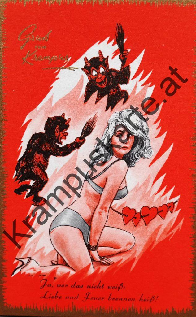 Krampus Teufel Devil Ansichtskarte Grußkarte Krampuskarte Austria 哈施塔特 picture postcard 魔鬼 奥地利 Nikolaus Satan Percht Perchtenlauf Brauchtum böse Mädchen unartig crazy girl