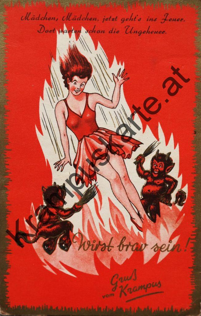 Krampus Teufel Devil Ansichtskarte Grußkarte Krampuskarte Austria 哈施塔特 picture postcard 魔鬼 奥地利 Nikolaus Satan Percht Perchtenlauf Brauchtum böse Mädchen unartig crazy girl