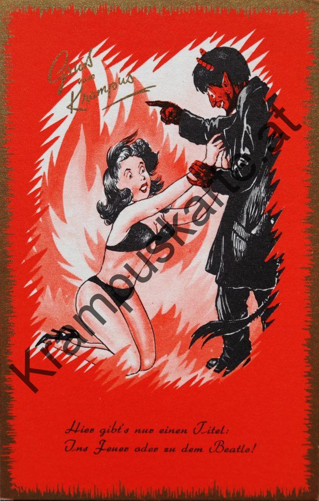 Krampus Teufel Devil Ansichtskarte Grußkarte Krampuskarte Austria 哈施塔特 picture postcard 魔鬼 奥地利 Nikolaus Satan Percht Perchtenlauf Brauchtum böse Mädchen unartig crazy girl