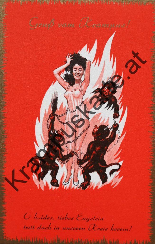 Krampus Teufel Devil Ansichtskarte Grußkarte Krampuskarte Austria 哈施塔特 picture postcard 魔鬼 奥地利 Nikolaus Satan Percht Perchtenlauf Brauchtum böse Mädchen unartig crazy girl