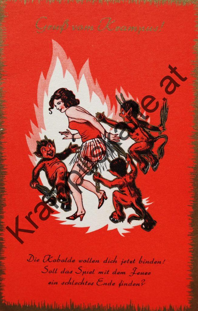 Krampus Teufel Devil Ansichtskarte Grußkarte Krampuskarte Austria 哈施塔特 picture postcard 魔鬼 奥地利 Nikolaus Satan Percht Perchtenlauf Brauchtum böse Mädchen unartig crazy girl