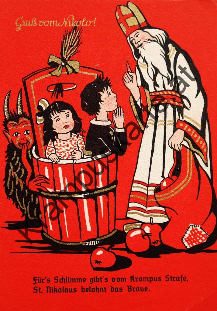 Krampus Teufel Devil Ansichtskarte Grußkarte Krampuskarte Austria 哈施塔特 picture postcard 魔鬼 奥地利 Nikolaus Satan Percht Perchtenlauf Brauchtum Knabe Mädchen Rute Kinder