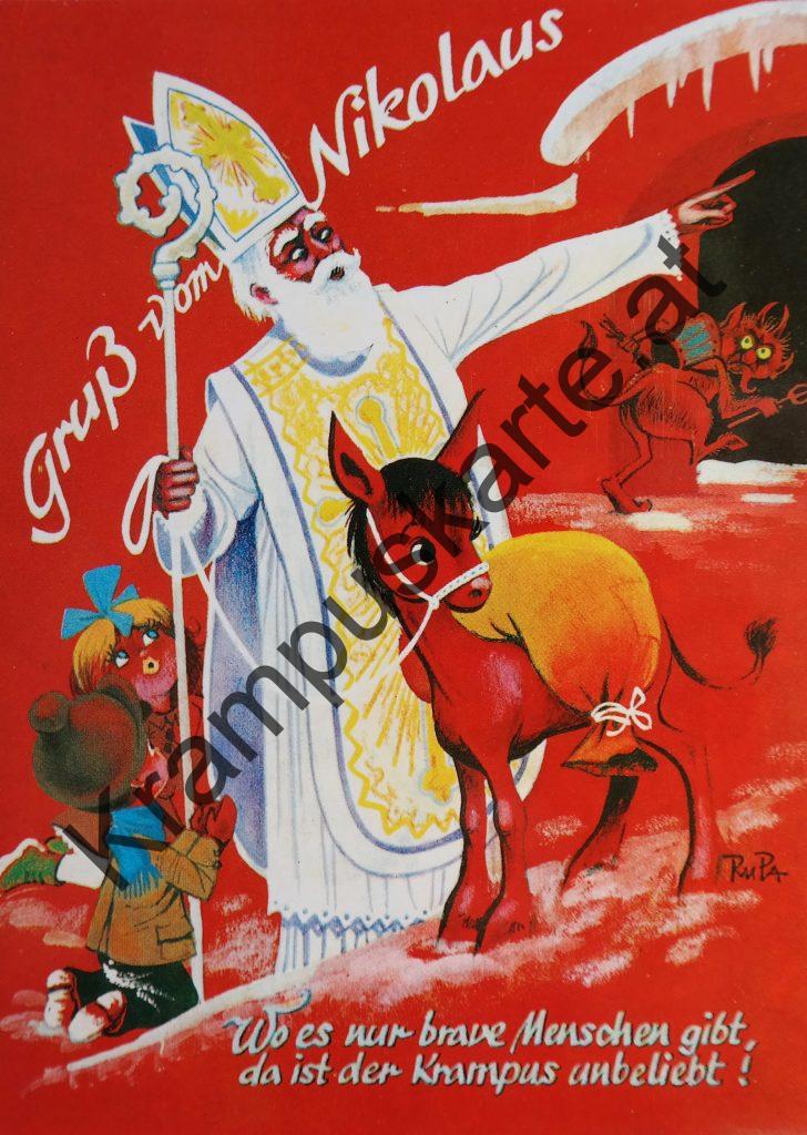 Krampus Teufel Devil Ansichtskarte Grußkarte Krampuskarte Austria 哈施塔特 picture postcard 魔鬼 奥地利 Nikolaus Satan Percht Perchtenlauf Brauchtum Knabe Mädchen Rute Kinder