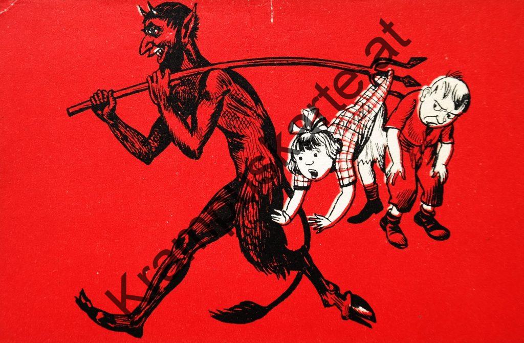 Krampus Teufel Devil Ansichtskarte Grußkarte Krampuskarte Austria 哈施塔特 picture postcard 魔鬼 奥地利 Nikolaus Satan Percht Perchtenlauf Brauchtum Knabe Mädchen Rute Kinder