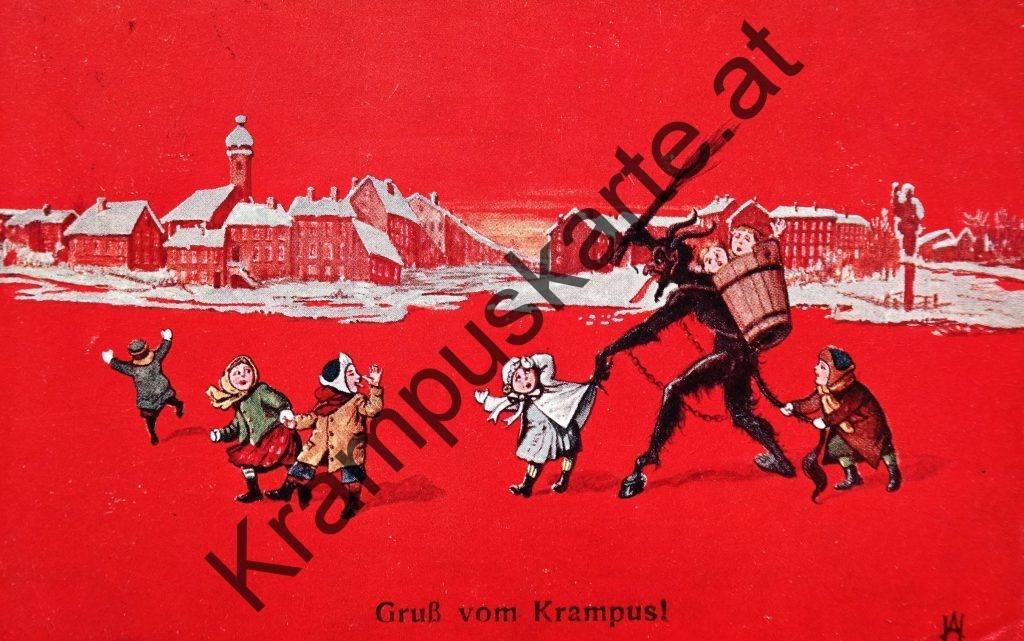 Krampus Teufel Devil Ansichtskarte Grußkarte Krampuskarte Austria 哈施塔特 picture postcard 魔鬼 奥地利 Nikolaus Satan Percht Perchtenlauf Brauchtum Knabe Mädchen Rute Kinder