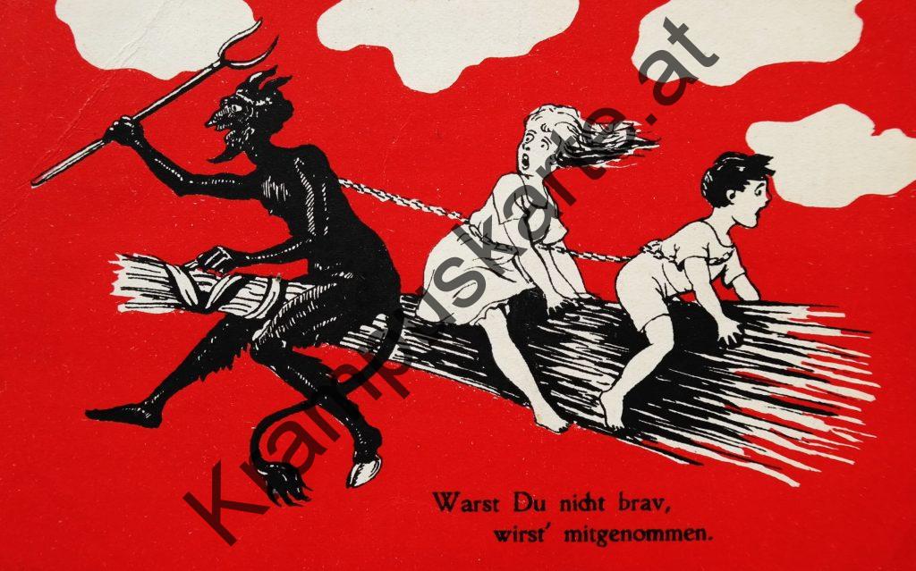 Krampus Teufel Devil Ansichtskarte Grußkarte Krampuskarte Austria 哈施塔特 picture postcard 魔鬼 奥地利 Nikolaus Satan Percht Perchtenlauf Brauchtum Knabe Mädchen Rute Kinder