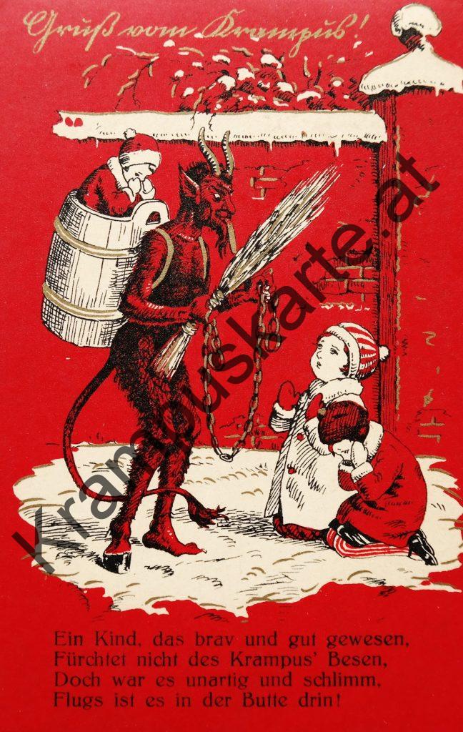 Krampus Teufel Devil Ansichtskarte Grußkarte Krampuskarte Austria 哈施塔特 picture postcard 魔鬼 奥地利 Nikolaus Satan Percht Perchtenlauf Brauchtum Knabe Mädchen Rute Kinder