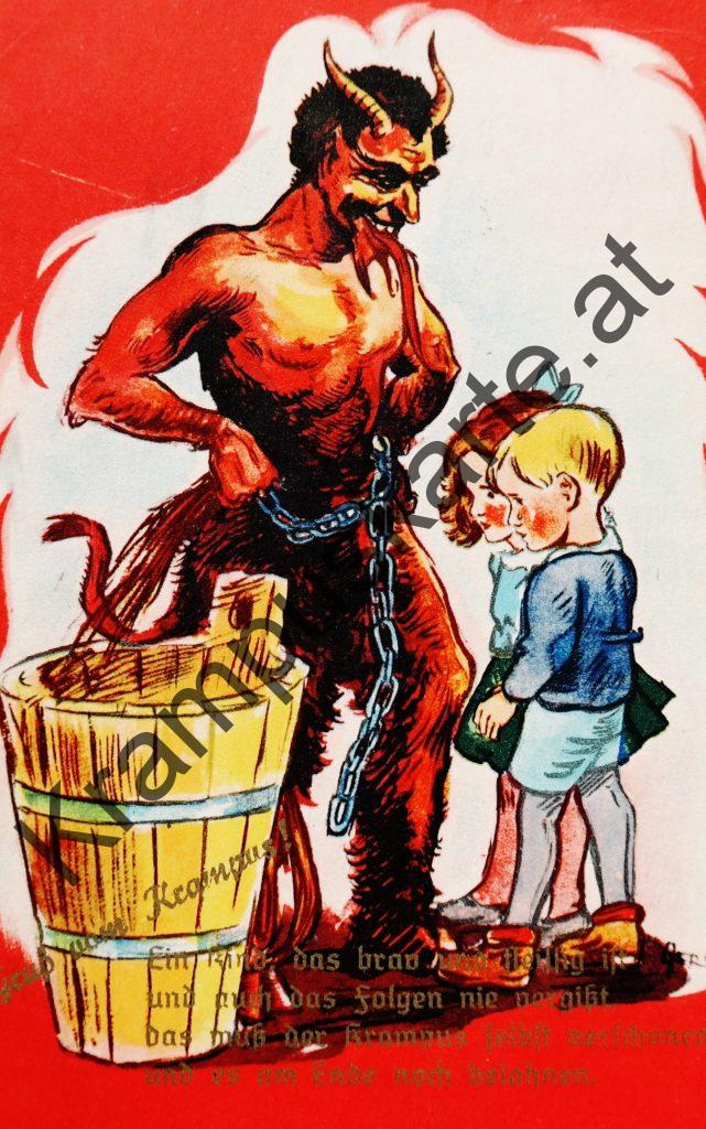 Krampus Teufel Devil Ansichtskarte Grußkarte Krampuskarte Austria 哈施塔特 picture postcard 魔鬼 奥地利 Nikolaus Satan Percht Perchtenlauf Brauchtum Knabe Mädchen Rute Kinder