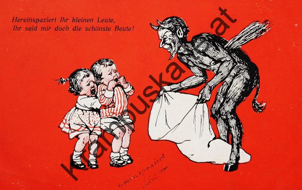Krampus Teufel Devil Ansichtskarte Grußkarte Krampuskarte Austria 哈施塔特 picture postcard 魔鬼 奥地利 Nikolaus Satan Percht Perchtenlauf Brauchtum Knabe Mädchen Rute Kinder