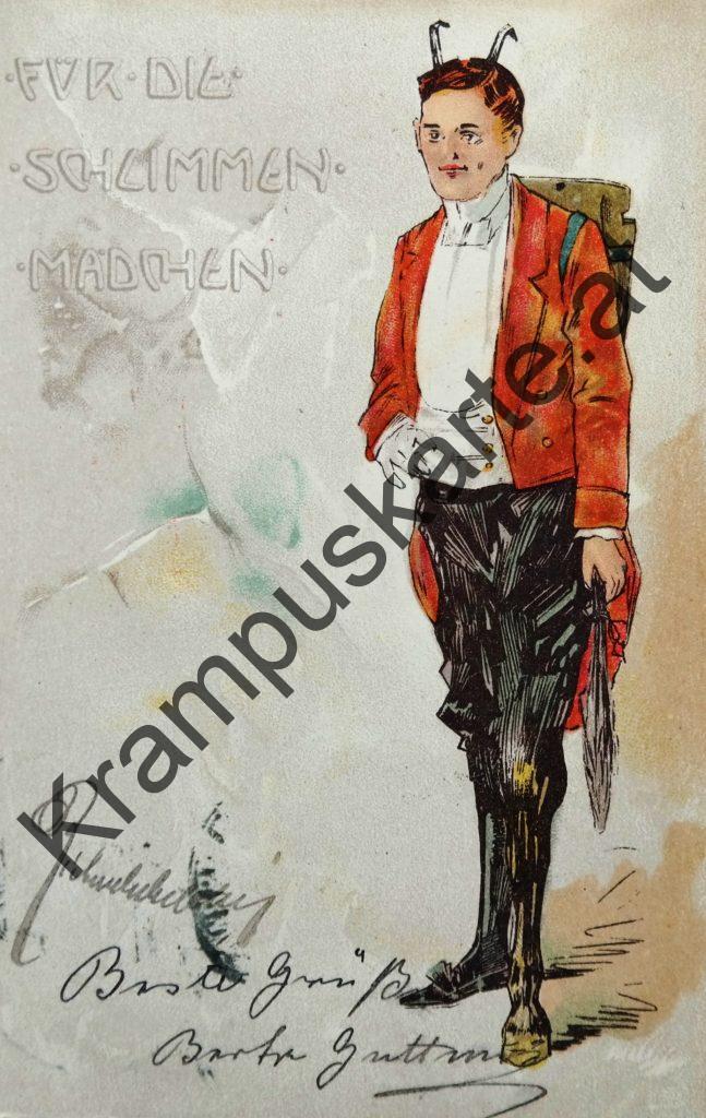Krampus Teufel Devil Ansichtskarte Grußkarte Krampuskarte Austria 哈施塔特 picture postcard 魔鬼 奥地利 Nikolaus Satan Percht Perchtenlauf Brauchtum Rute Bizarr Brank Rod Whip Nikolo